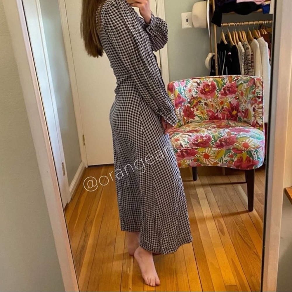 GANNI Blue Black Gingham Seersucker Plaid Long Sleeve Button Maxi Dress 38 M